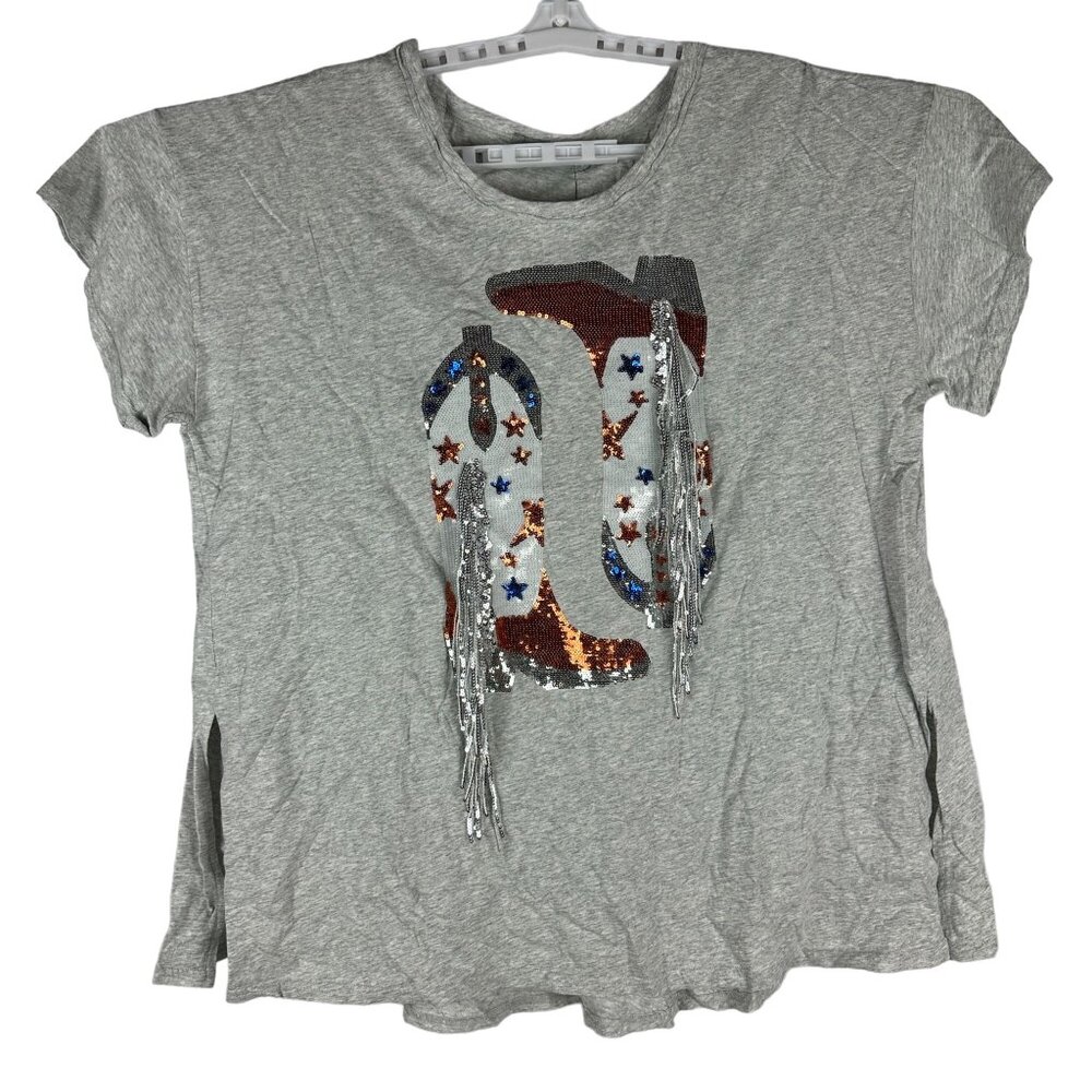 Blue B. Collection Heather Grey Sequin Cowboy Boots Fringe Tee Size Small